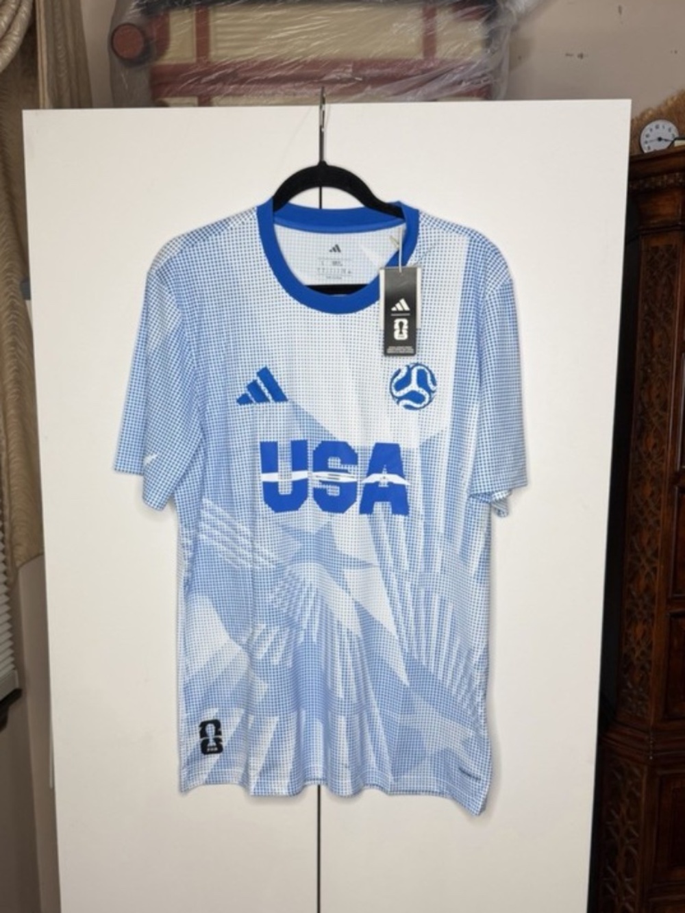 adidas USA Soccer Jersey World Cup White/Glow Blue JI7635 Mens Size Large NEW